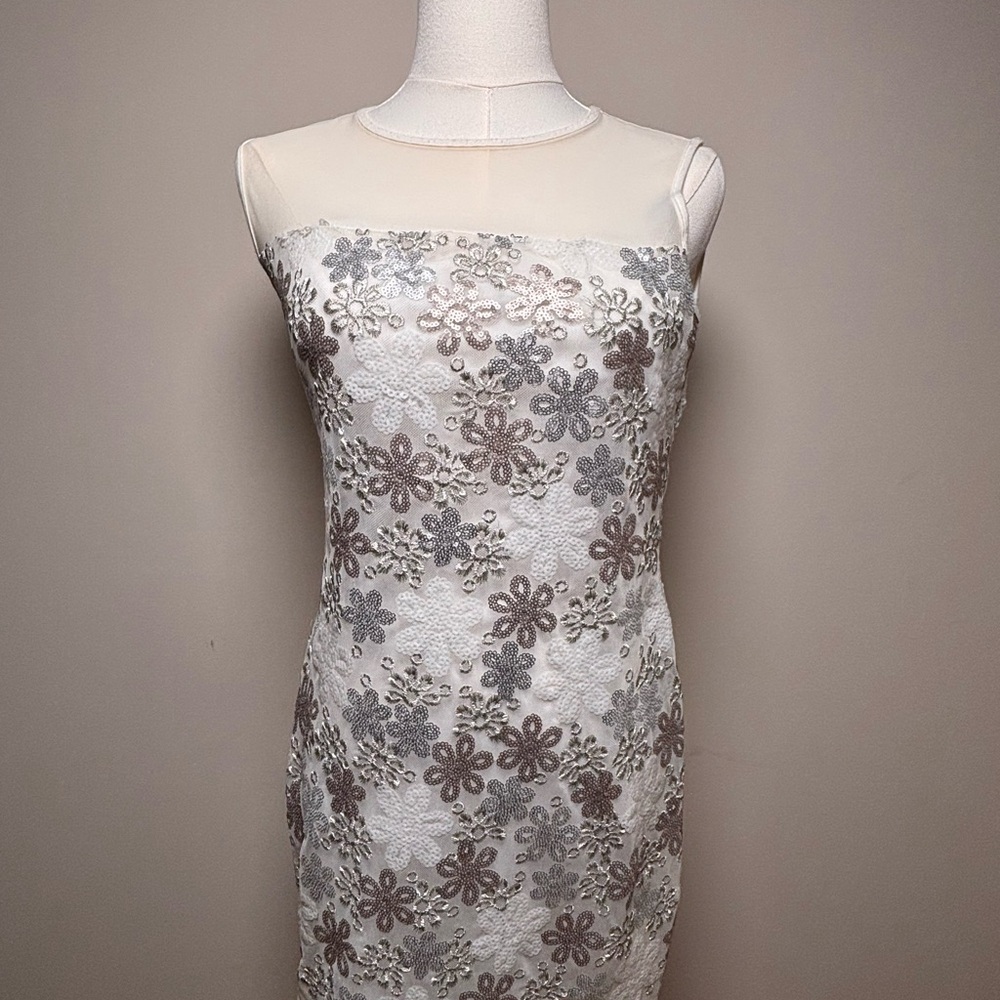 Bailey 44 Lace Floral Dress in Cream and Silver